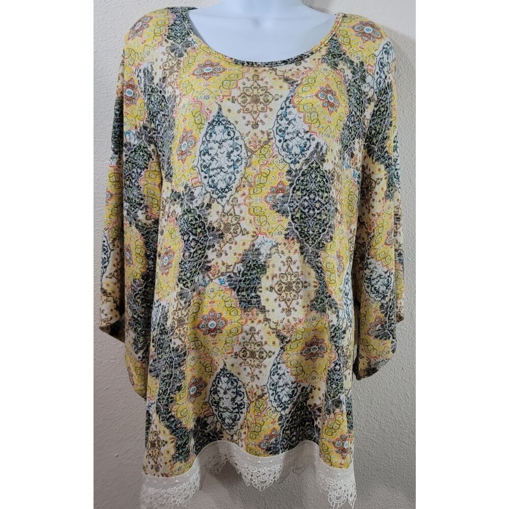 NY Collection Yellow Floral Print Lace Trimmed Hem Top PXL Lightweight Soft
